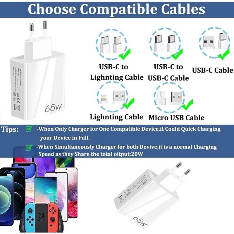 Adapter Charger Dinding Dual Port USB 65w Portable Plug US-EU Untuk Laptop / Smartphone