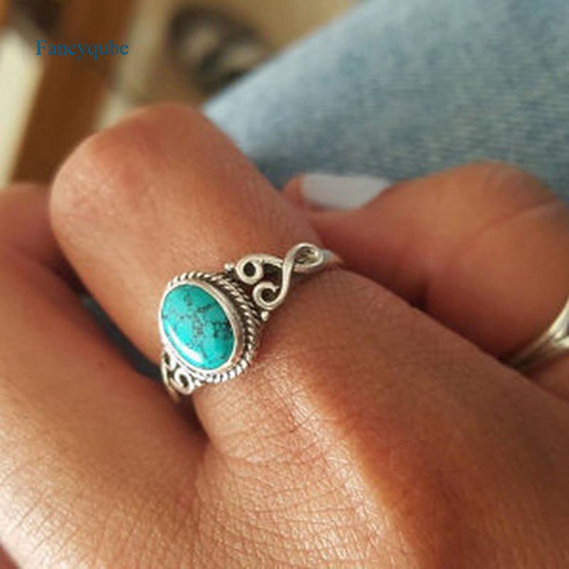 Fancyqube Antique Jewelry 925 Sterling Silver Turquoise Natural Gemstone Bride Wedding Engagement Vintage Ring Gifts Size 6-10