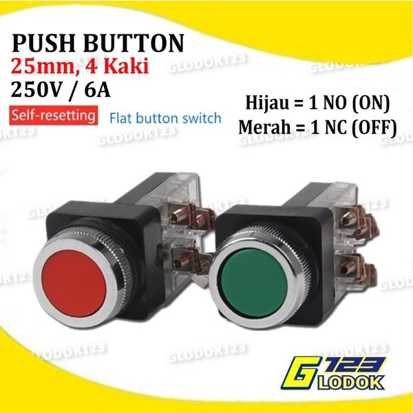 Push Button TAB 25MM PB2501 PB2511 2 4 Kaki Tombol On Off Merah Hijau