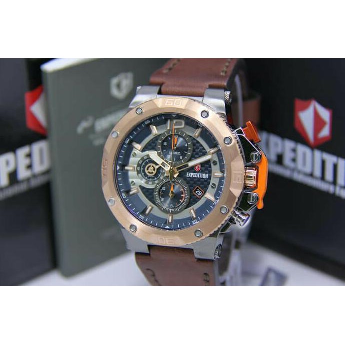 Super Sale JAM TANGAN EXPEDITION 6751 PRIA ROSEGOLD BLACK RING GOLD LEATHER BROWN Ready Stock