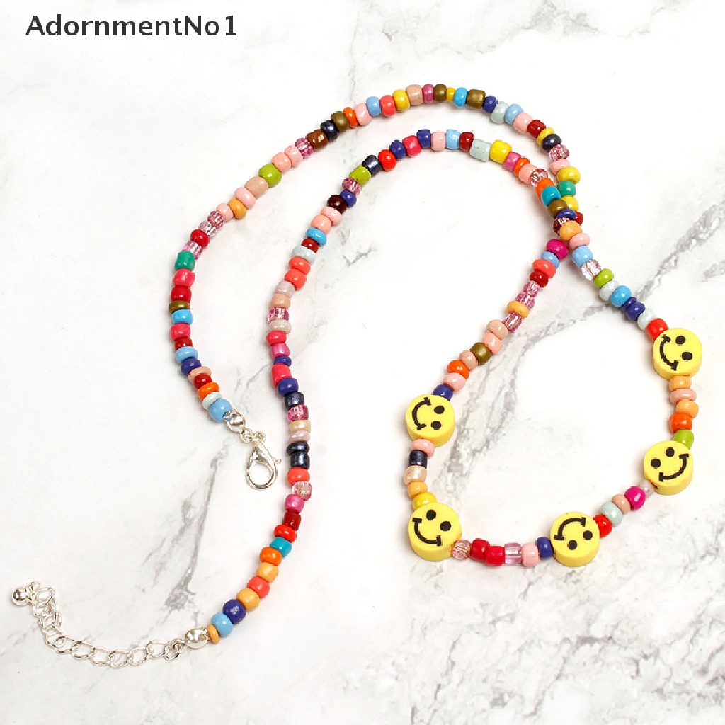 (AdornmentNo1) Kalung Choker Rantai Manik Pendan Smiley Face Warna Warni Gaya Boho