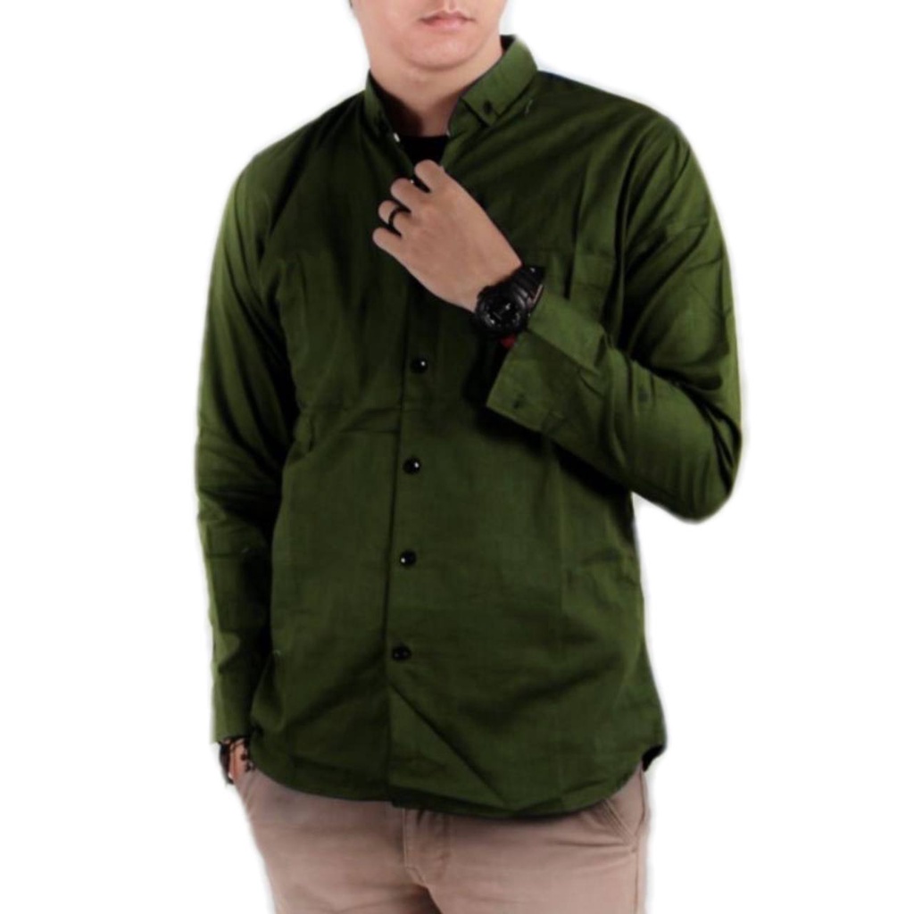 PROMO kemeja pria lengan panjang polos formal casual baju cowok kerja santai-KM panjang Army