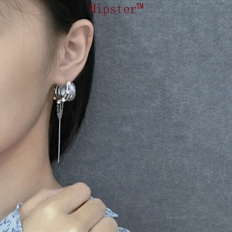 Anting Gantung Panjang Model Rumbai Dengan Mutiara Warna Silver Untuk Wanita