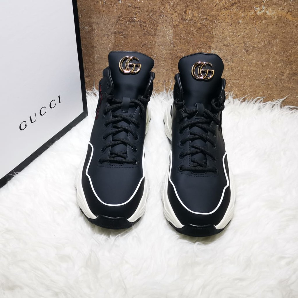 sepatu gucci boots pria mirror sneaker high end full kulit asli cowok hitam