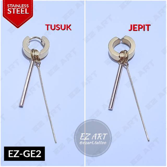 1Pc Model EZ-GE Gold Emas Stick Silinder Anting Pria dan Wanita Jepit Tusuk Variasi Bandul