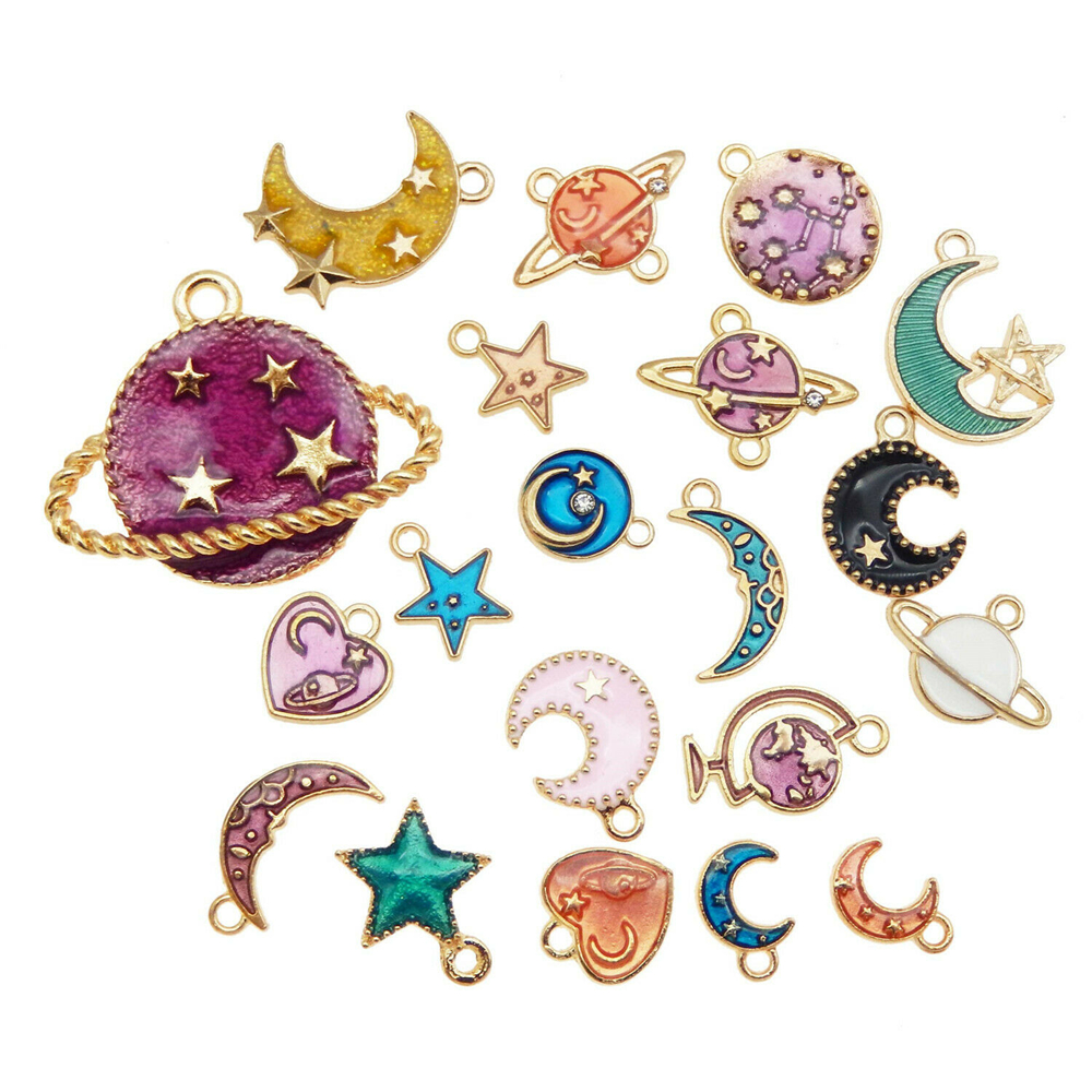 20PCS Enamel Charms Mixed Planet Star Crescent Moon Zinc Alloy Gold Tone Pendant Bracelet Jewelry Making