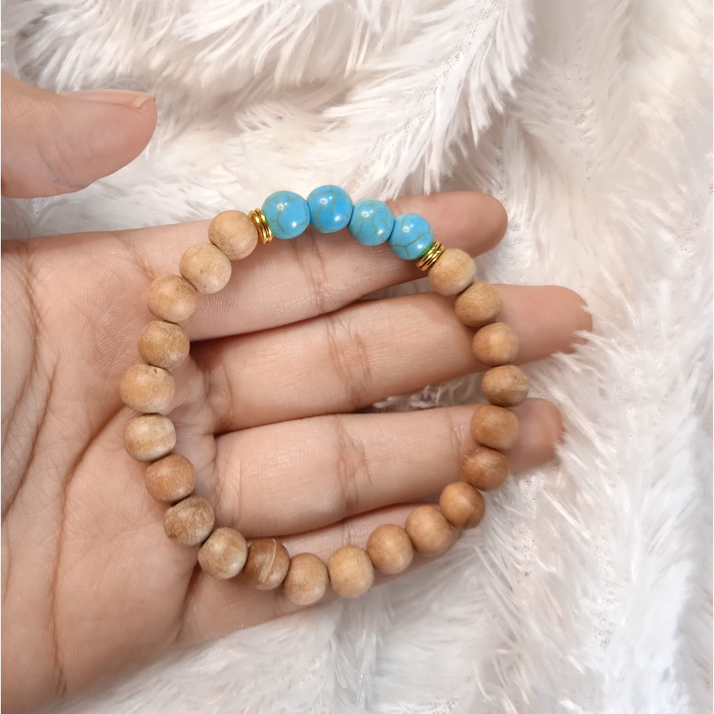 Gelang Batu Original Handmade Kayu Cendana Kombinasi Batu Alam Turquoise Biru