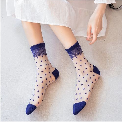 KKT 66-67 Kaos Kaki Korea Transparan Kekinian Motif Renda Polkadot Love