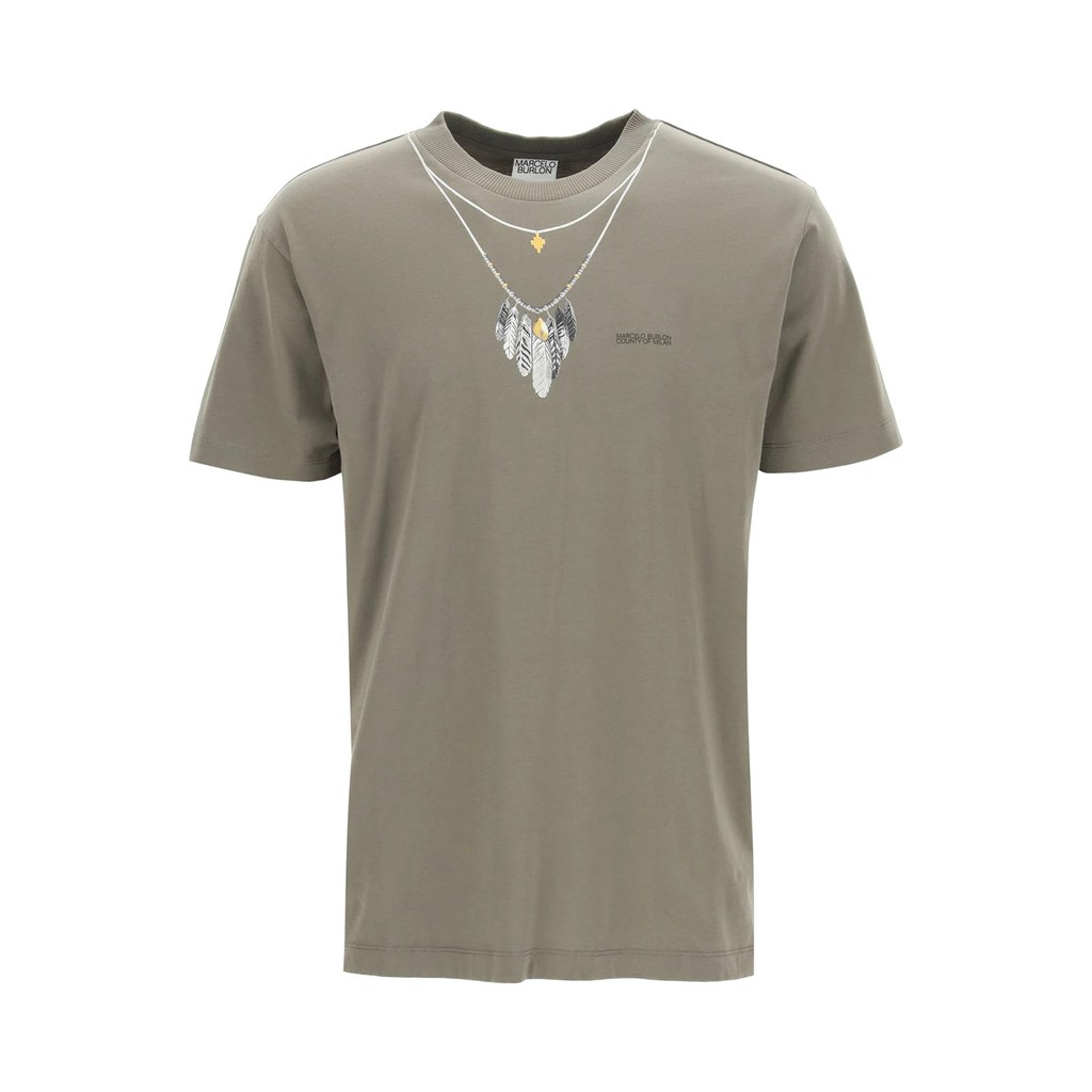 Mrcelo Burlon FW21 Feathers Necklace Tee Army/Grey 100% Authentic