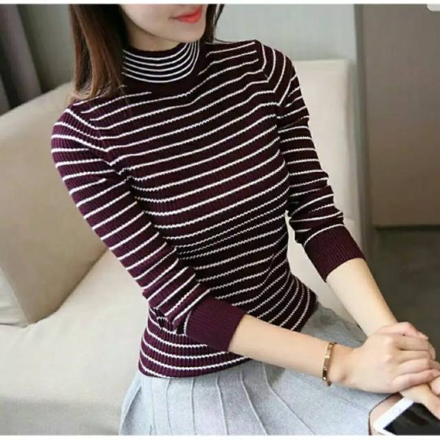 Basic Stripe Turtleneck Rajut Wanita