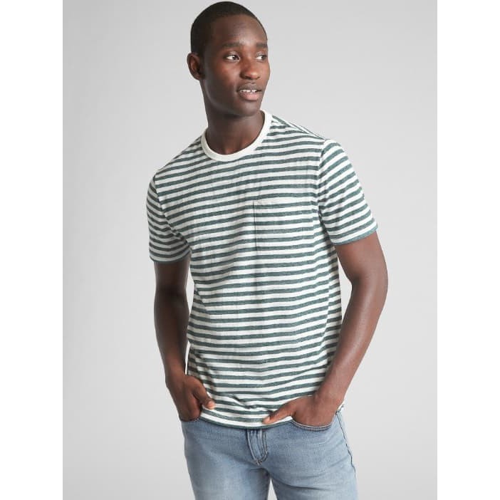 Terlaris Kaos Casual Pria GAP Marled Pocket Tee Stripes Green Original