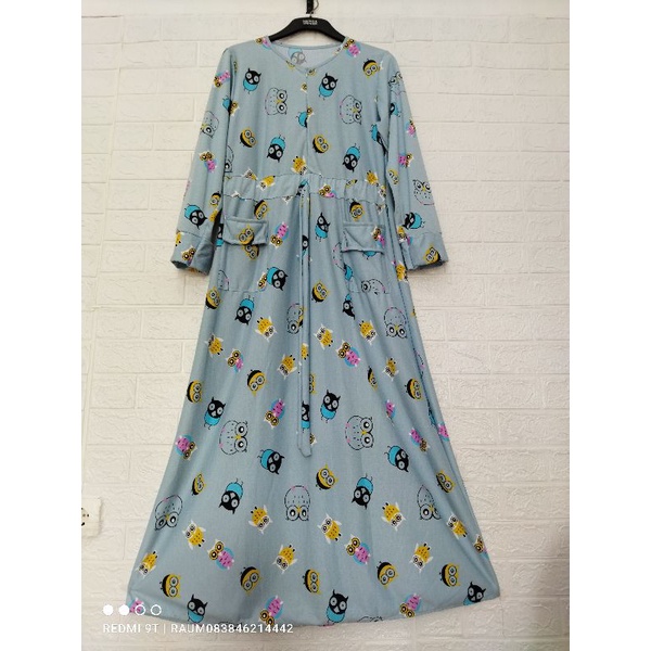 Gamis Wanita Kaos Babyterry Import Motif OWL Burung Hantu Busui Friendly Resleting Depan Bahan Adem 