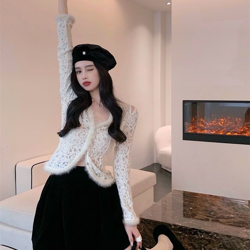 atasan renda import lace shirt women s winter warna solid lengan panjang pure want sexy furry hollow