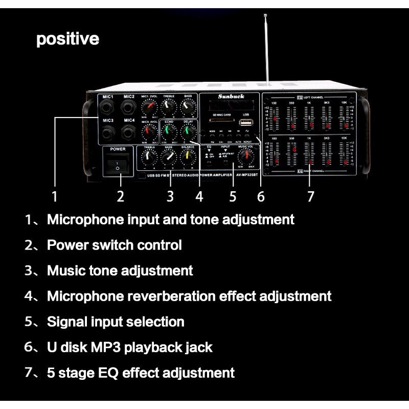 Sunbuck Bluetooth EQ Audio Amplifier Home Theater 2x200W - TAV-MP325BT - Black