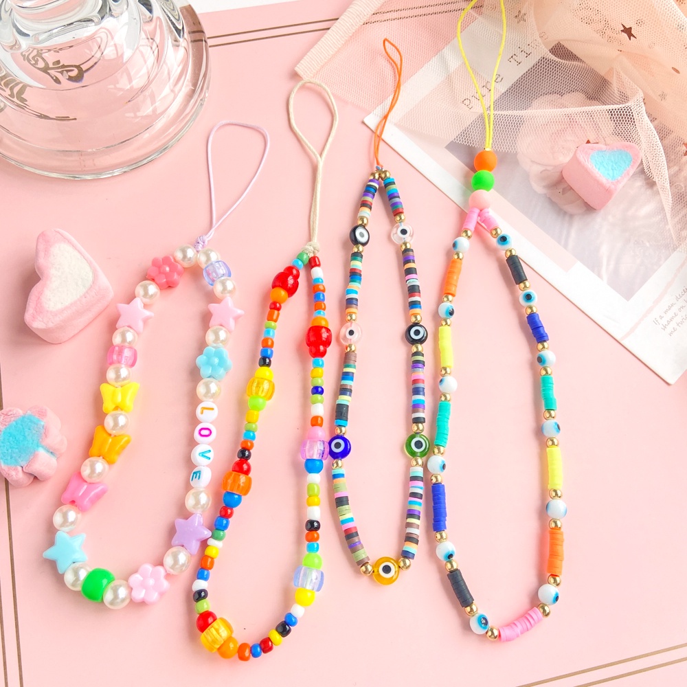 Korean Colorful Bead Mobile Phone Chain Cute Flower Letter Mobile Accessories