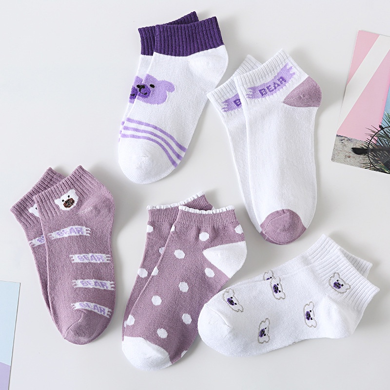 GO! KK807 Kaos Kaki Wanita Motif Beruang Ungu Pendek Fashion Korean Unisex Semata Kaki Purple Bear Socks Import Ankle