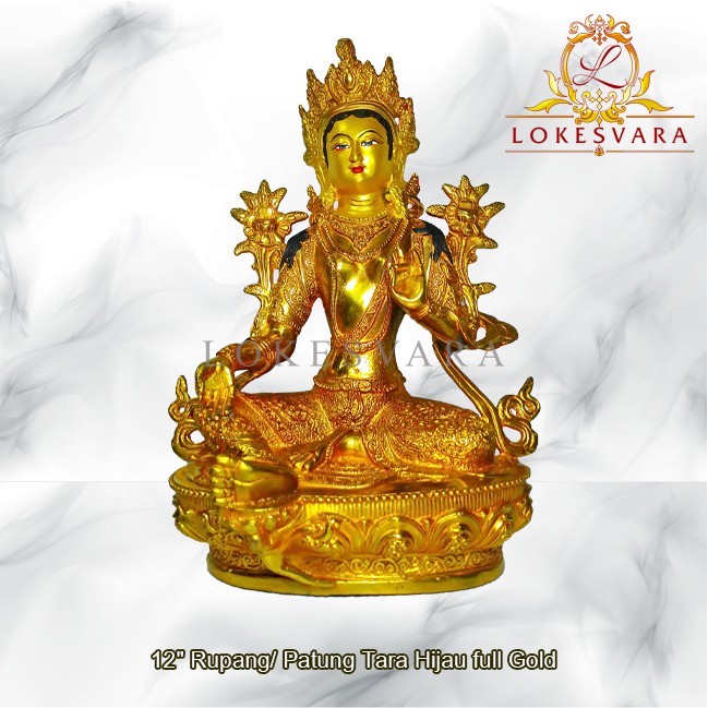 Patung Rupang Arca Logam Tara Hijau 12inch Full Gold