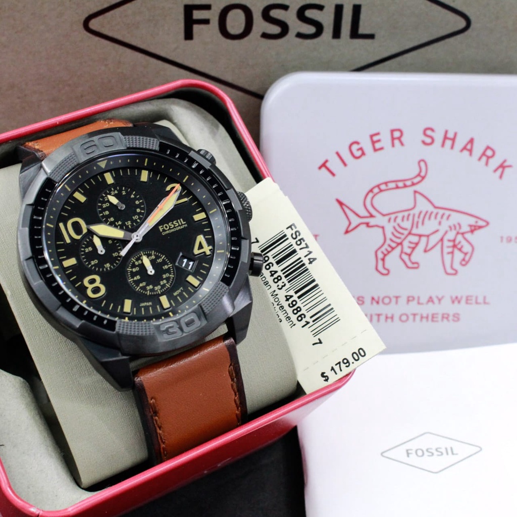 termurah Fossil Bronson FS 5714 Original Stainless steel black case Genuine leather Include tin b