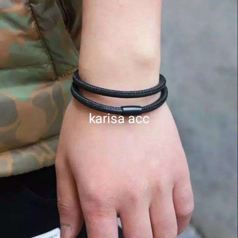 Gelang Kulit Black Titanium Pria