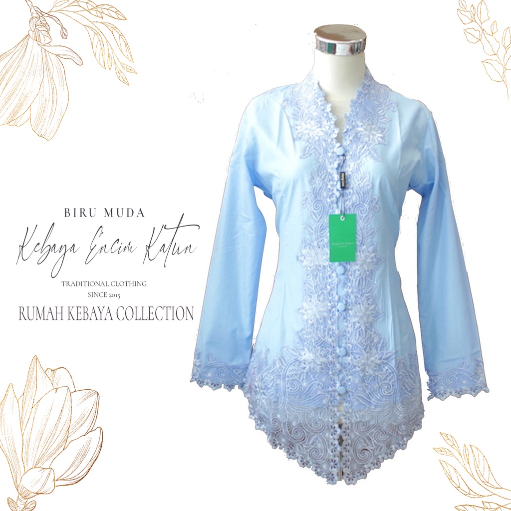 Kebaya Encim Kartini Katun Bordir Modern Muslim Biru Muda Lengan Panjang Jumbo