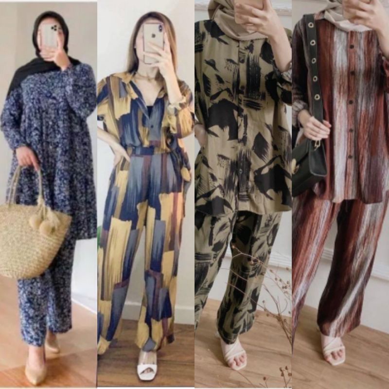 SETELAN WANITA CRINKLE AIRFLOW RAYON MODEL TERBARU PAJAMAS SETCEL STELAN RAYON | TENIA DAILY ONE SET 50 MOTIF TERKINI