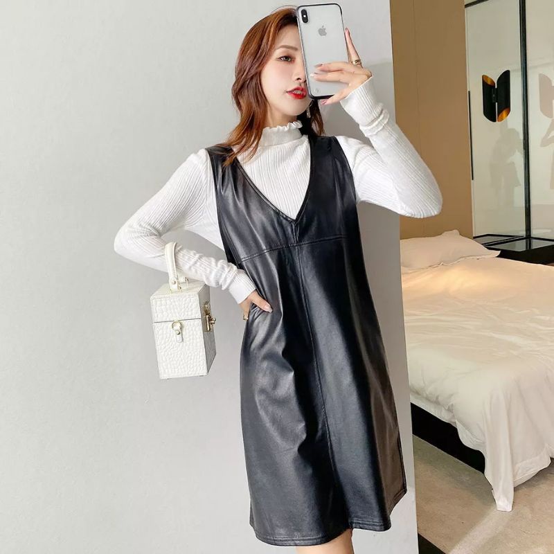 gaun wanita/gaun kulit sintetis/rompi wanita/dress mini wanita