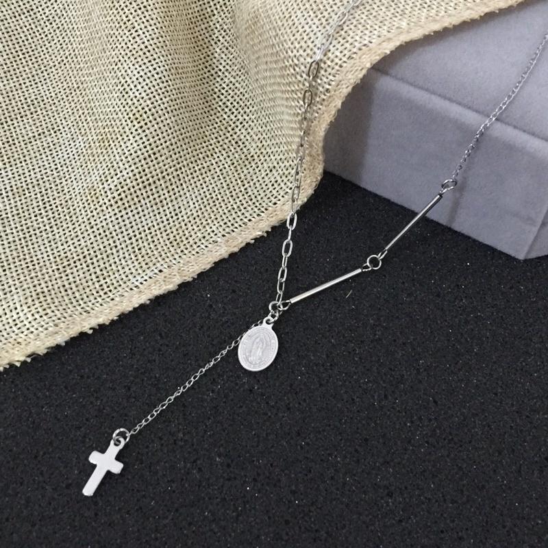 KALUNG TITANIUM ANTI KARAT MEDALI WASIAT ROSARIO BUNDA MARIA SALIB MIX RANTAI PAPERCLIP KECIL