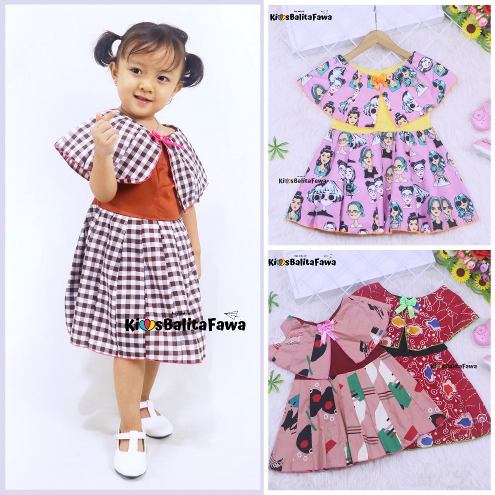 Dress Yolla size 1-2 Tahun / Dres Cape Anak Perempuan Murah Gaun Pesta Baju Kensi Cewek Katun Adem babycinnamon