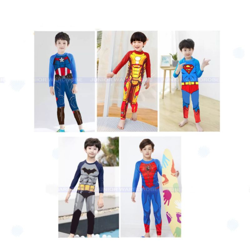 Baju Renang Anak Cowok Laki-laki Lengan Panjang Celana Cowok Boy JW290 Superhero Long Kids 2 3 4 5 6 7 Tahun Spiderman Superman Batman Ironman Captain America