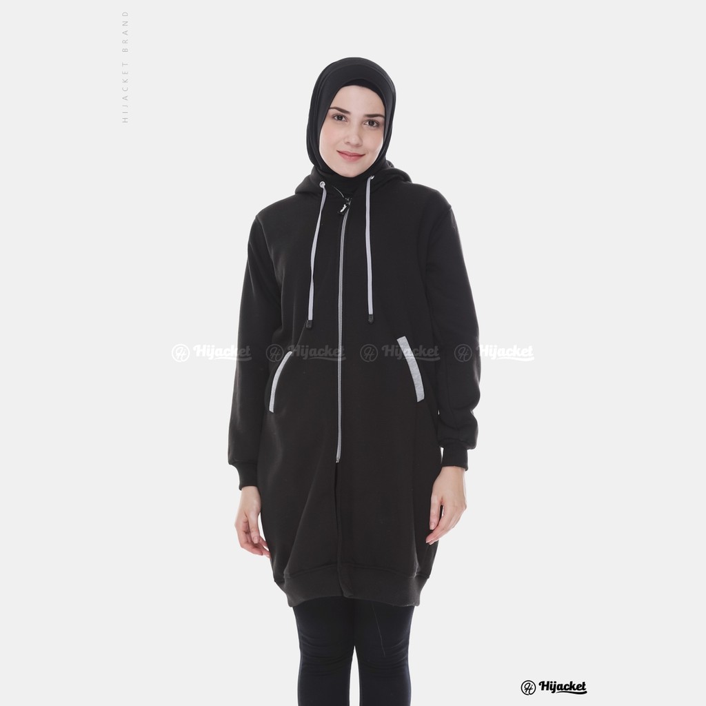 Hijacket Basic jaket hijab wanita Muslim Syari panjang polos tebal (COD bayar di rumah)-HJ14 black x grey