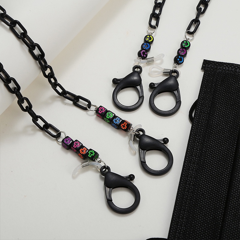 【COD】Hitam Smiley Face Mask Lanyard Acrylic Chain Lanyard Anti-Lost Face Mask Kalung Kacamata Rantai Aksesoris