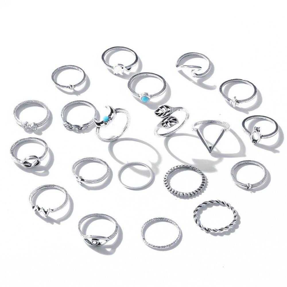 20pcs / set Cincin Jari Telunjuk Desain Bulan Sabit Hias Berlian Turquoise Gaya Bohemian retro Untuk Wanita