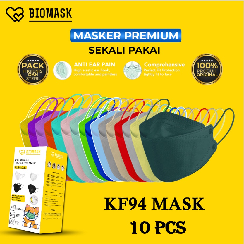 BIOMASK - Masker KF94 EVO Korean Style 4ply - 10Pcs Hitam / Putih / Abu / Biru Muda / Biru Tua / Cream / Biru Pastel / Merah / Kuning / Orange / Hijau / Ungu Warna Warni 4 PLY KN95 KN94 isi 10 Pcs Korea Non Medis
