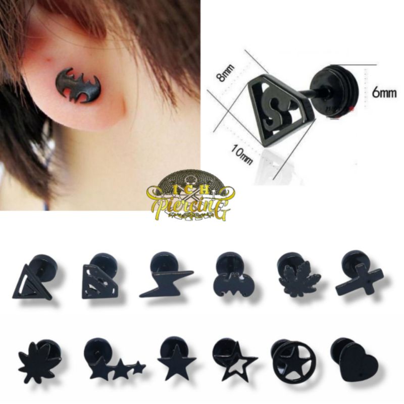 Anting Roda Titanium hitam Pria Wanita 12 variasi anting Batman/ anting Superman / anting bintang / anting salib / anting love / anting ganjja