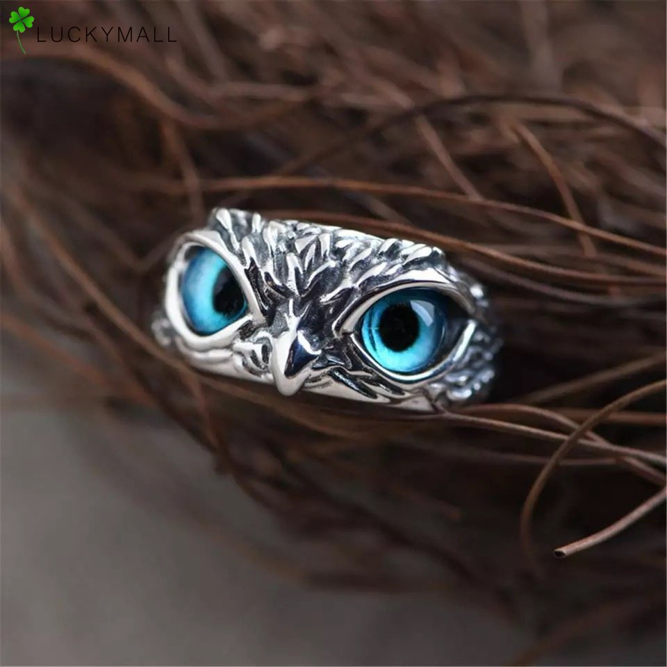 Cincin Desain Mata Burung Hantu Iblis Warna Biru Gaya Vintage Untuk Pria Dan Wanita