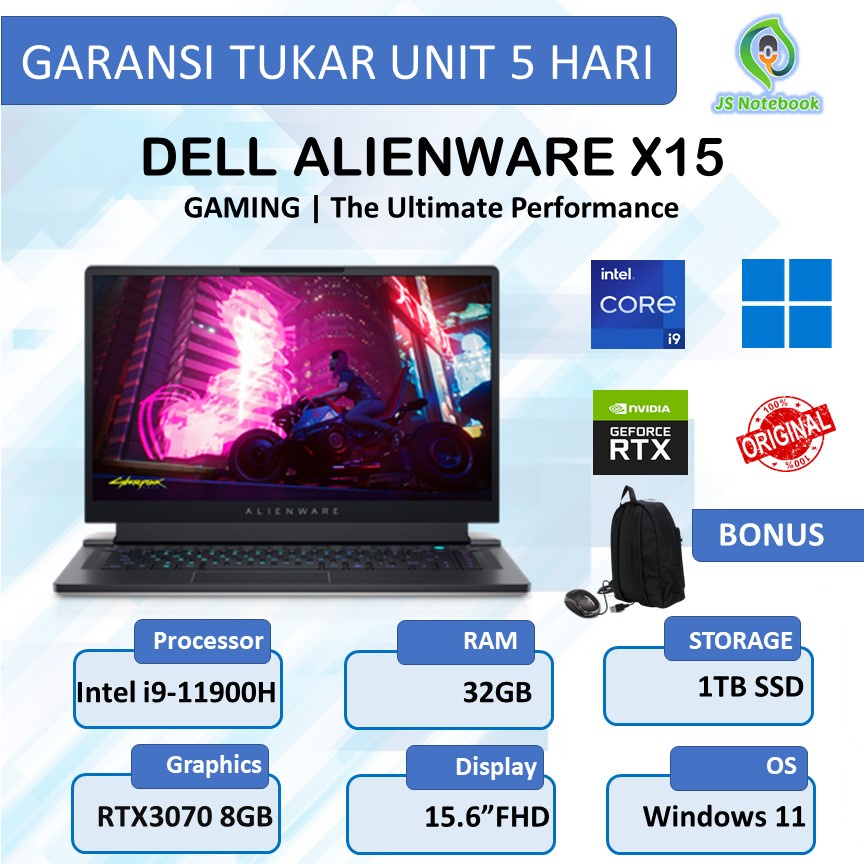 DELL ALIENWARE X15 R1 i9 11900 32GB 1TBSSD RTX3070 8GB W11 15.6FHD 360HZ-LUNAR