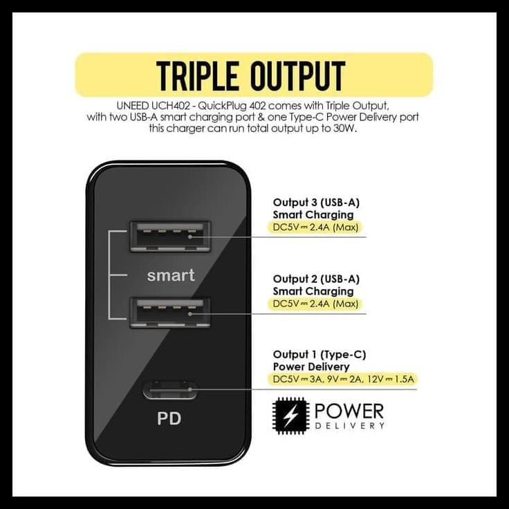 Uneed Charger 3 Port With Power Delivery Iphone 7 8 X Xs Max Uch402 Qc