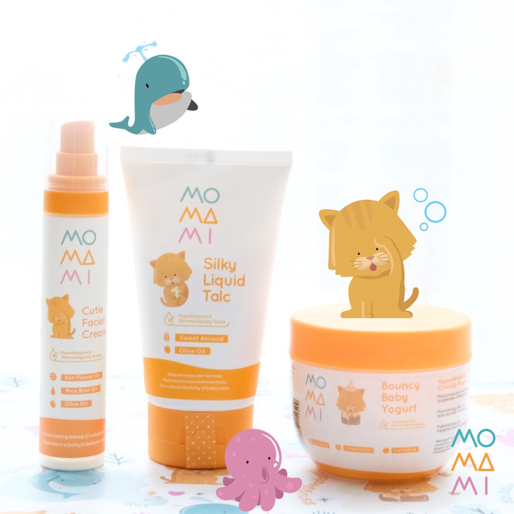 Momami Baby Bouncy Baby Yogurt | Momami Baby Silky Liquid Talc | Momami Baby Cutie Facial Cream