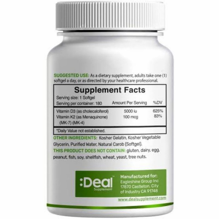 DEAL Supplement VITAMIN D3+K2 = D3 5000IU K2100 MCG (2 In One Support