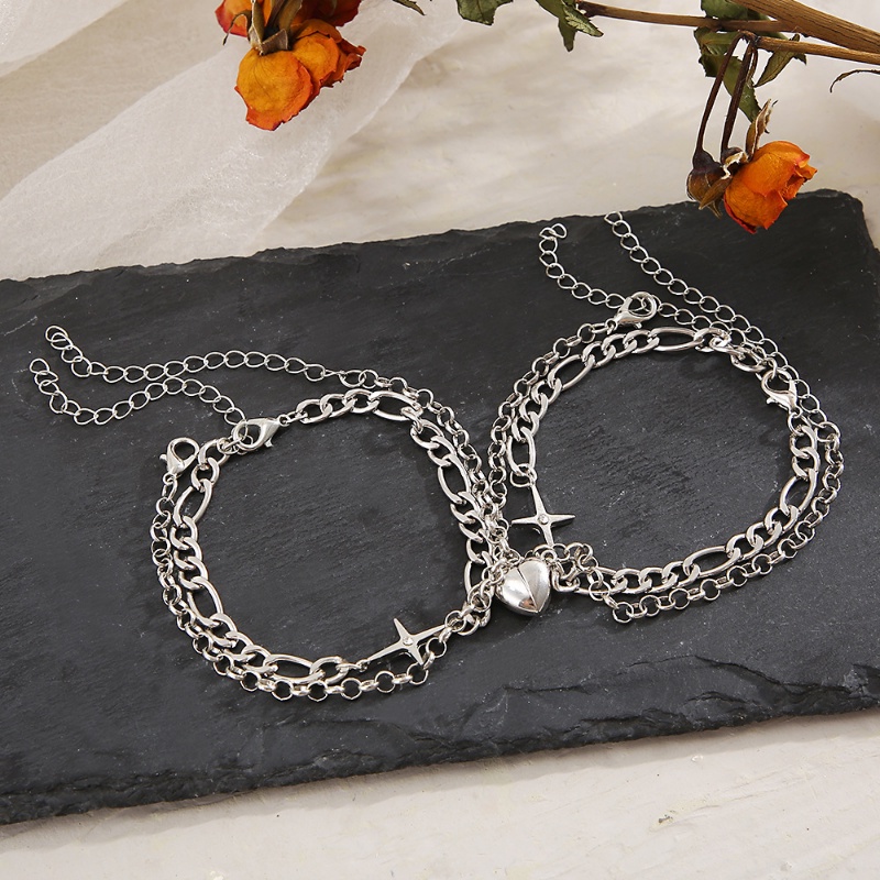2pcs / Set Gelang Rantai Ganda Bahan Alloy Lapis Silver Untuk Wanita
