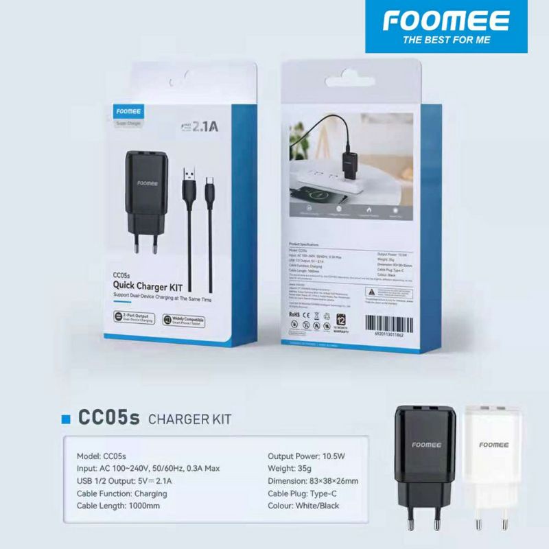 Foomee Quick Charger KIT 2 USB With Cable Type-C CC05S