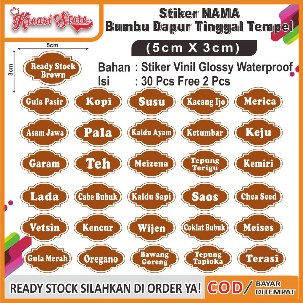 

COD✔ Stiker Label Nama Bumbu Dapur Waterproof Isi 30 Pcs uk 3x5cm Ready Stock Free 2pcs