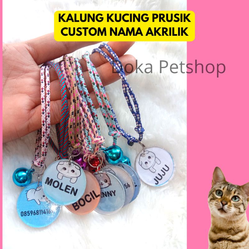 Kalung Kucing Nama Prusik Akrilik Timbal Balik Murah Lonceng