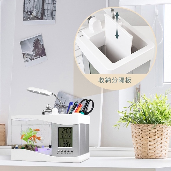 USB Aquarium Mini + Jam Kalender Digital + Box Alat Tulis