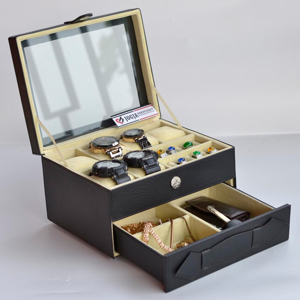 Kotak Tempat Jam Tangan Sport &amp; Tempat Perhiasan Hitam Cream / Watch Box