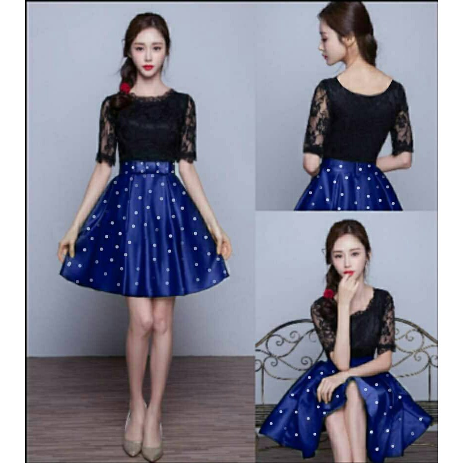 Dress Black Lace Polka Blue Katun Violine Casual