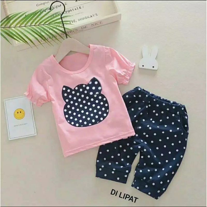 Setelan Anak Perempuan Gambar Beruang Set Kids Bahan Katun combed - Baju Anak Perempuan