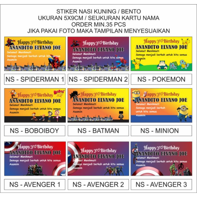 

50 stiker nasi kuning. batman spiderman avenger pokemon minion