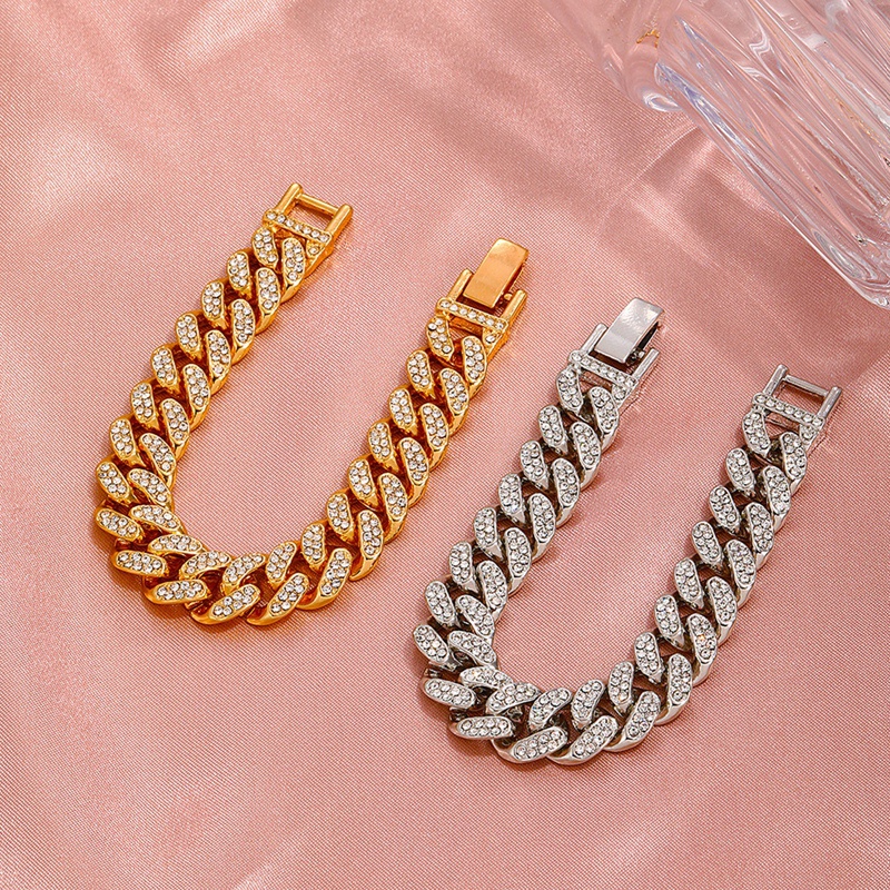 Gelang Rantai Kuba Berlian Imitasi Bling Warna Emas / Silver Untuk Pria / Wanita