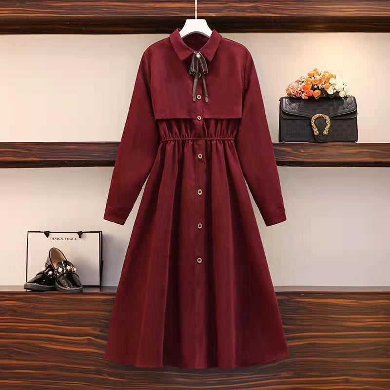 Large women's dress 2022 spring and autumn new fat sister Retro High Waist thin bow long sleeve midd